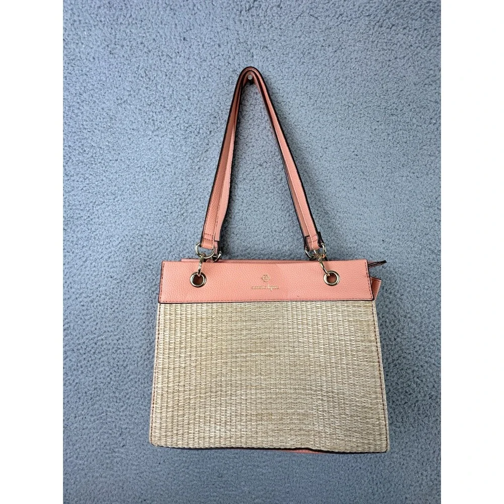 Nanette Lepore Petro Peach Straw Tote Handbag / Mixed-Media Shoulder Satchel